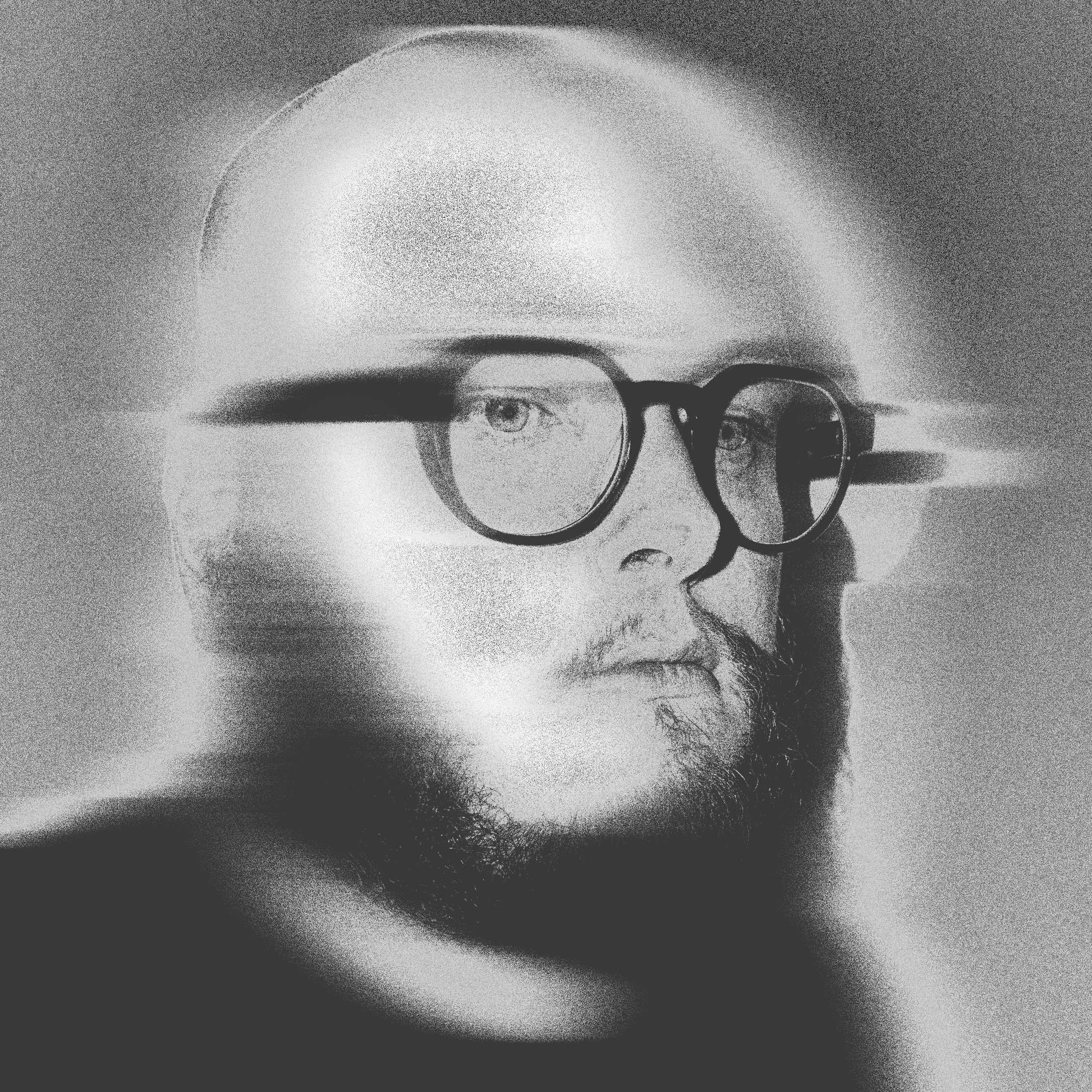 Tregg Frank — artist portrait, high-contrast black and white with motion blur